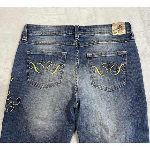 South Pole Cropped Jeans 7 Stretch Gold Logo Metallic Embroidery Inseam Y2K VTG - Picture 4 of 16
